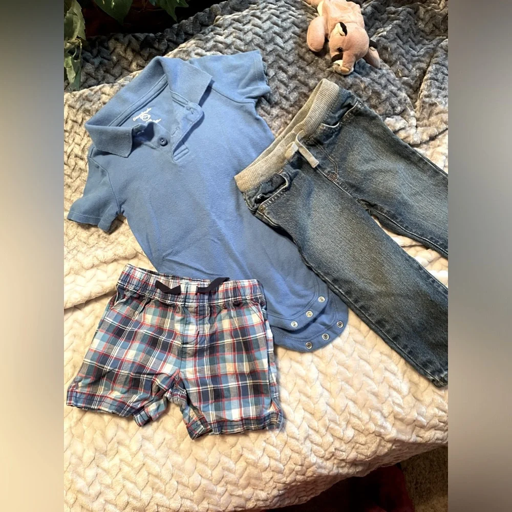 Lot of 3~Baby Boy’s Jeans, Onesie w collar, plaid drawstring shorts Size:18-24 M - Picture 1 of 10
